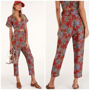 Moon River x Lulus Red Tropical Linen Belted Paperbag Pants Small Crop